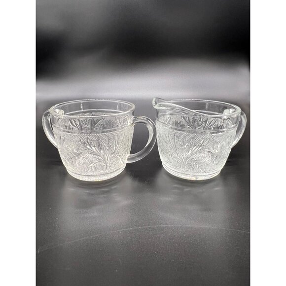 Vintage 1980's Tiara Clear Sandwich Glass Cream and Sugar with handles, no lid - Picture 6 of 9